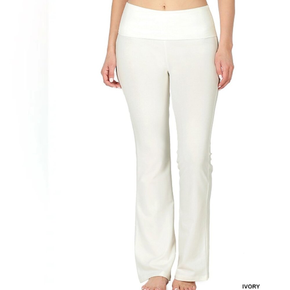 ZENANA PLUS PREMIUM COTTON FOLD OVER YOGA FLARE PANTS IVORY S-M-L…